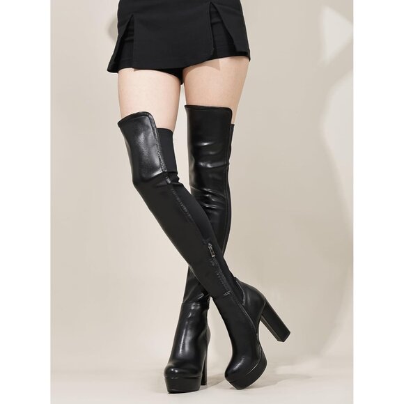 Women Black-sc-pu Synthetic Chunky Heel Side Zipper Thigh High Western Boots - Picture 7 of 8